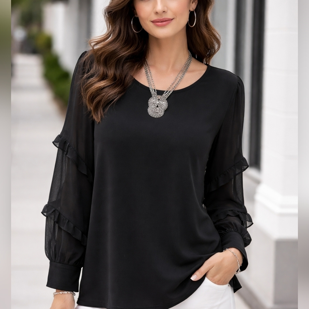 Calvin Klein, Women's Black Tunic Top With Sheer Ballon Long Sleeves and Cuffs. - Picture 1 of 11